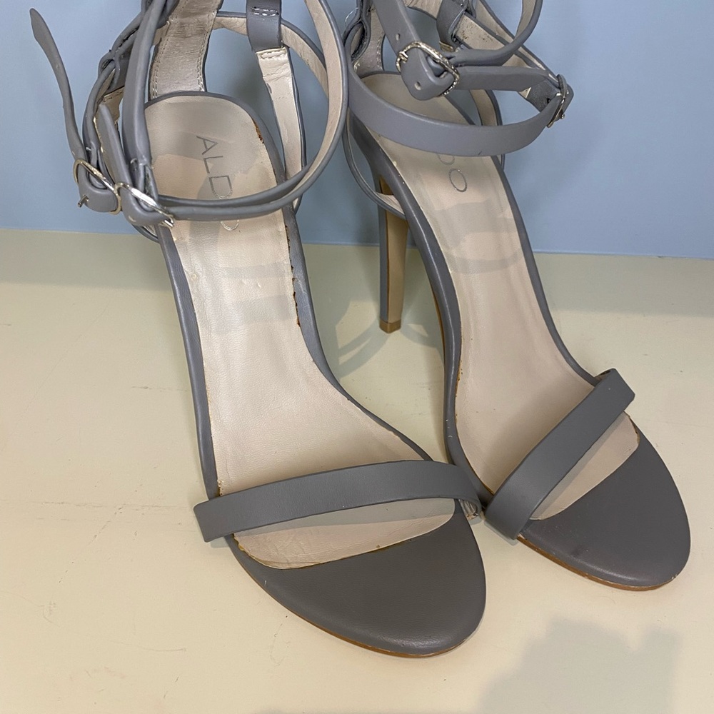 Strappy, gray leather heels by Aldo, 7.5